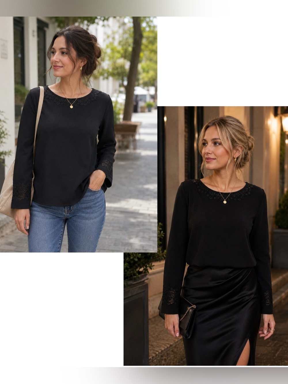Karl Lagerfeld black long sleeve top blouse with lace detail Sz M